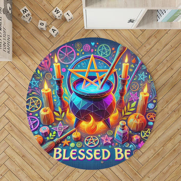 Blessed Be Wicca Round Rug Pentacle Cauldron Carpet for Witchy Home Decor-MoonChildWorld