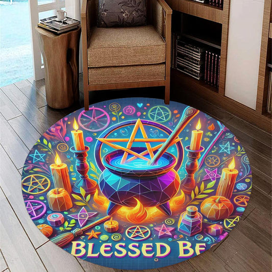 Blessed Be Wicca Round Rug Pentacle Cauldron Carpet for Witchy Home Decor-MoonChildWorld