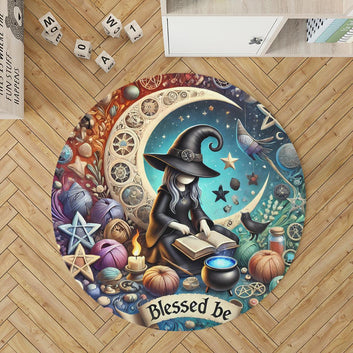 Blessed Be Witchy Round Rug Witch on the Moon Carpet for Wicca Home Decor-MoonChildWorld