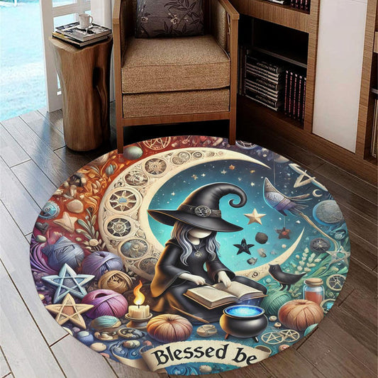 Blessed Be Witchy Round Rug Witch on the Moon Carpet for Wicca Home Decor-MoonChildWorld