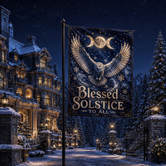 Blessed Solstice house flag displayed outdoors on a garden flag stand