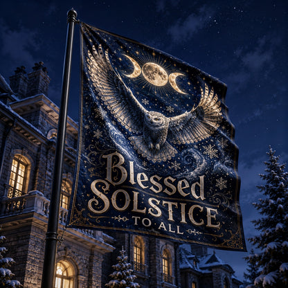 Close-up of Blessed Solstice house flag showing owl and triple moon artwork