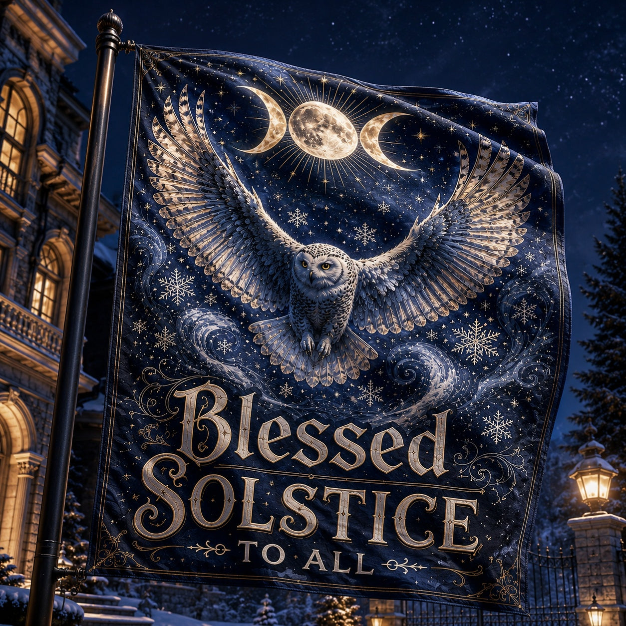 Blessed Solstice house flag with snowy owl triple moon winter design