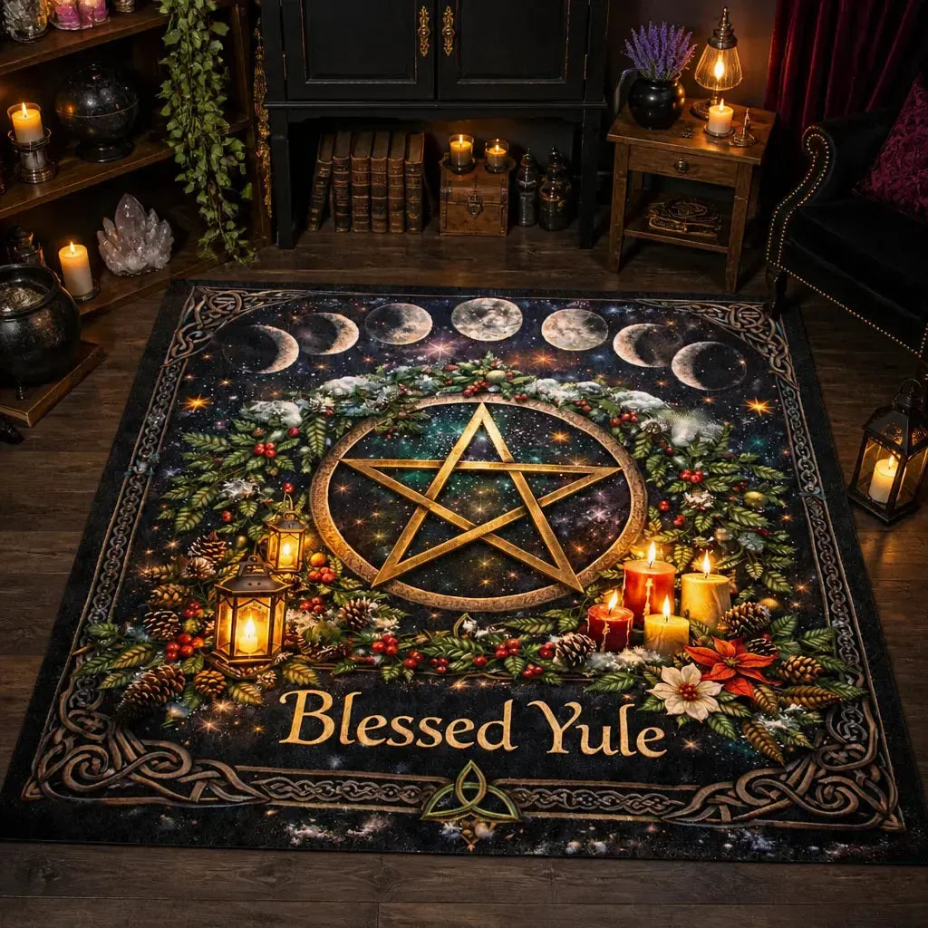 Blessed Yule Pagan Pentacle Area Rug Wicca Carpet for Yule Decor_mockup_2.webp