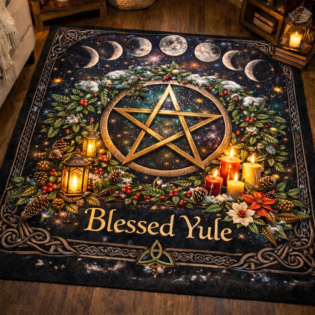 Blessed Yule Pagan Pentacle Area Rug Wicca Carpet for Yule Decor-MoonChildWorld