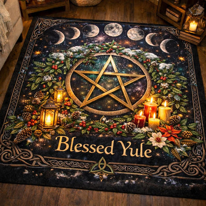 Black rectangular Yule rug with a golden pentacle, moon phases, pine cones, berries, candles, and "Blessed Yule" text.