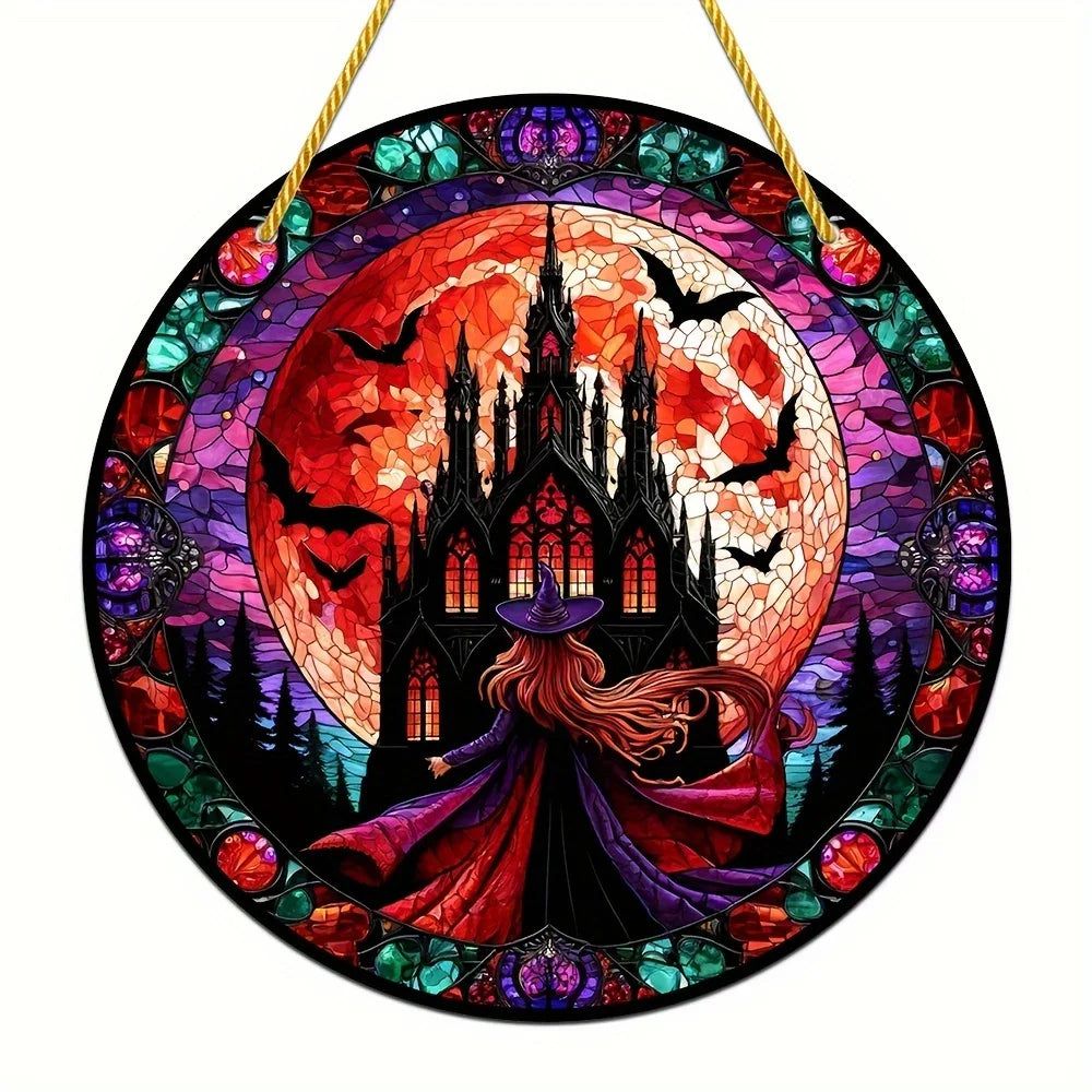 Blood Moon Bat Gothic Suncatcher Witch Acrylic Round Sign Halloween Decor-MoonChildWorld
