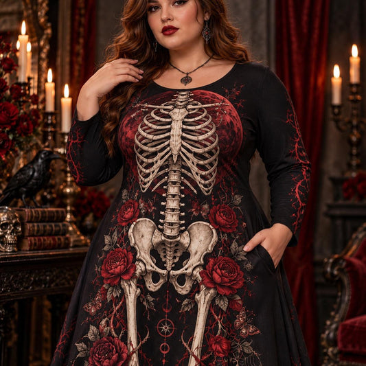 Blood Moon Skeleton Plus Size Witch Dress – Red Rose Long Sleeve Maxi – close up of the printed artwork