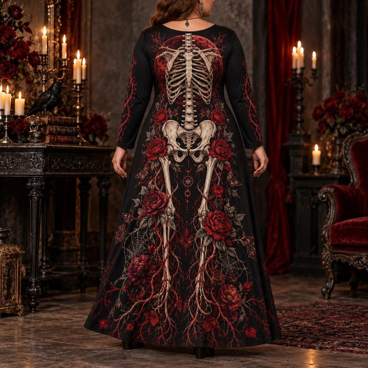 Blood Moon Skeleton Plus Size Witch Dress – Red Rose Long Sleeve Maxi – worn, back view