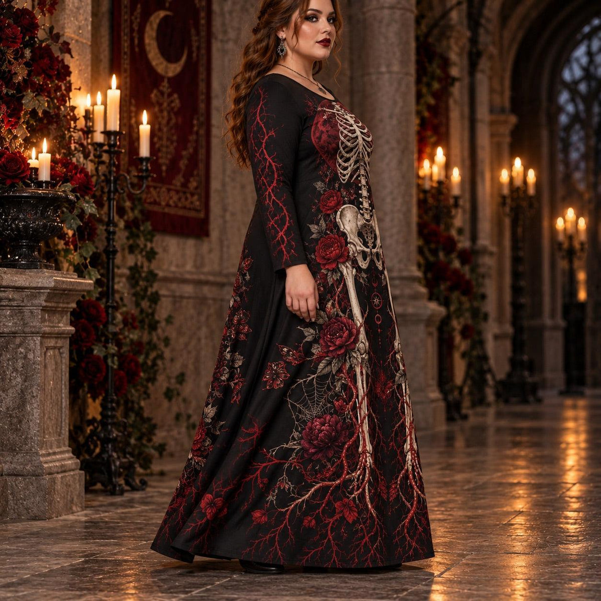 Blood Moon Skeleton Plus Size Witch Dress – Red Rose Long Sleeve Maxi – worn, three quarter view