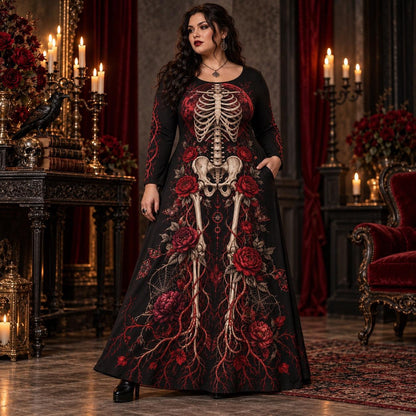 Blood Moon Skeleton Plus Size Witch Dress – Red Rose Long Sleeve Maxi – worn, showing the side pocket