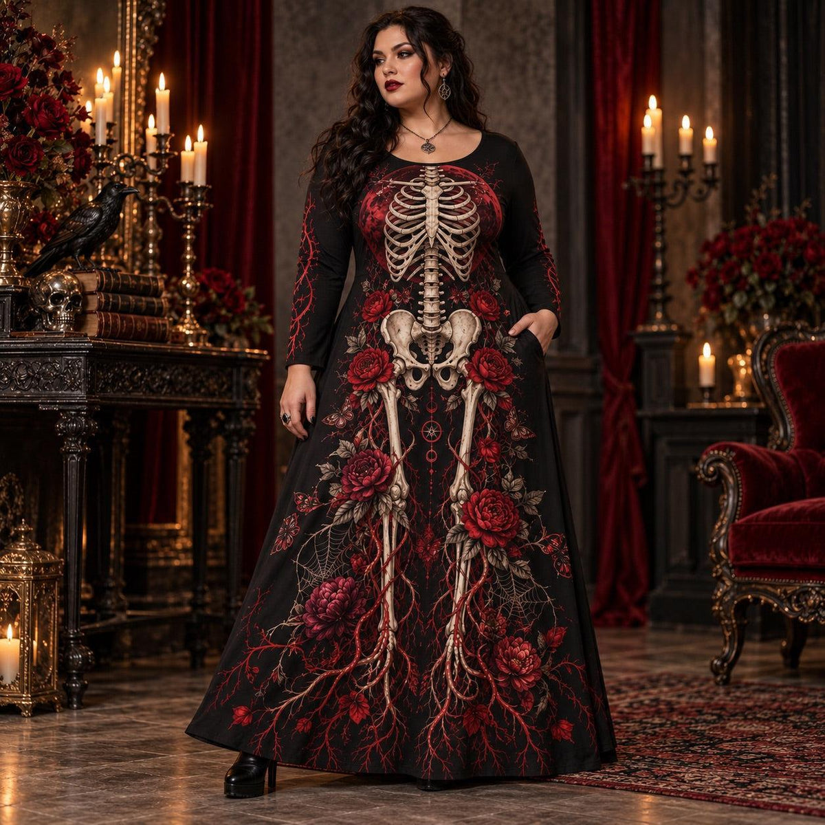Blood Moon Skeleton Plus Size Witch Dress – Red Rose Long Sleeve Maxi – worn, showing the side pocket