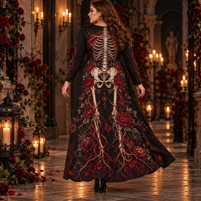 Blood Moon Skeleton Plus Size Witch Dress – Red Rose Long Sleeve Maxi – worn, in motion