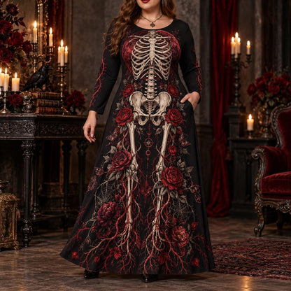 Blood Moon Skeleton Plus Size Witch Dress – Red Rose Long Sleeve Maxi – worn, front view
