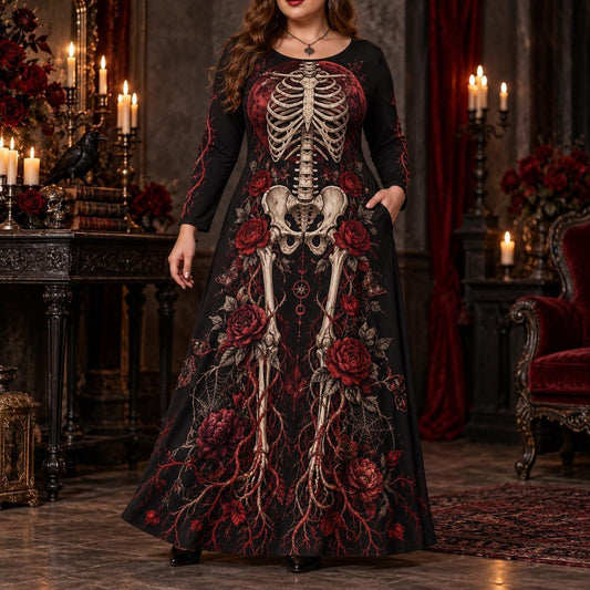 Blood Moon Skeleton Plus Size Witch Dress – Red Rose Long Sleeve Maxi – worn, front view