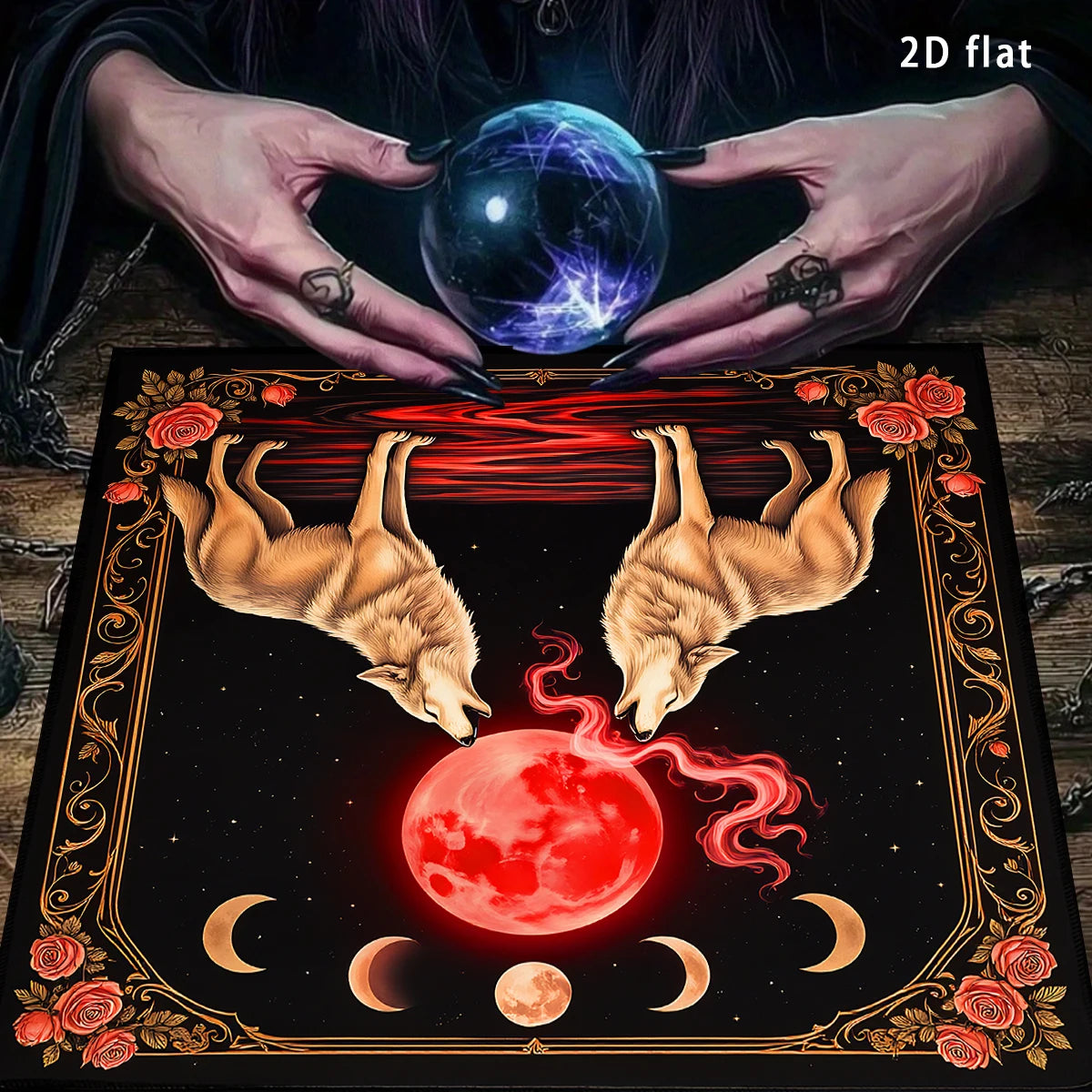 Blood Moon Wolf Tarot Altar Cloth with Enchanted Rose-MoonChildWorld