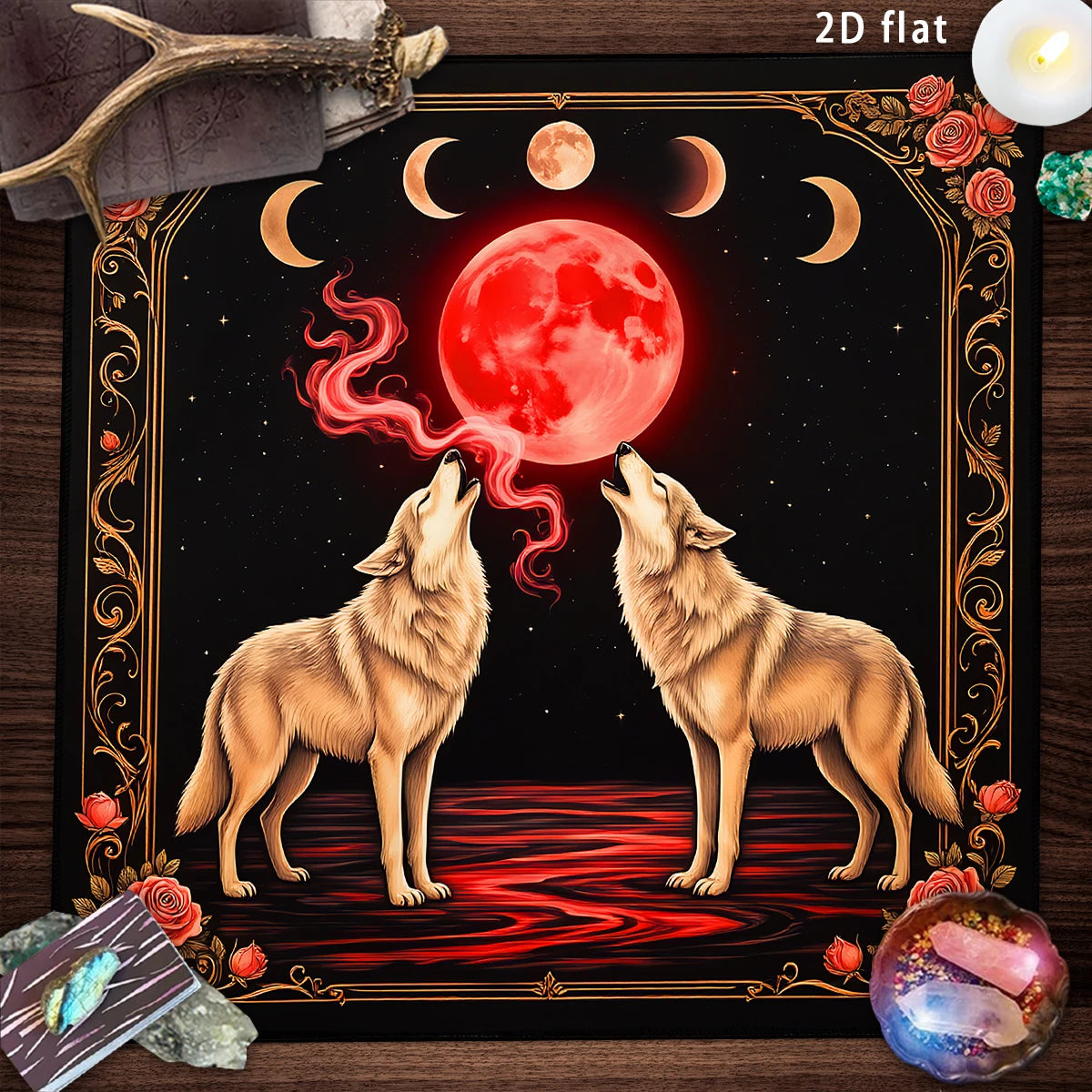 Blood Moon Wolf Tarot Altar Cloth with Enchanted Rose-MoonChildWorld