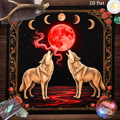 Blood Moon Wolf Tarot Altar Cloth with Enchanted Rose-MoonChildWorld
