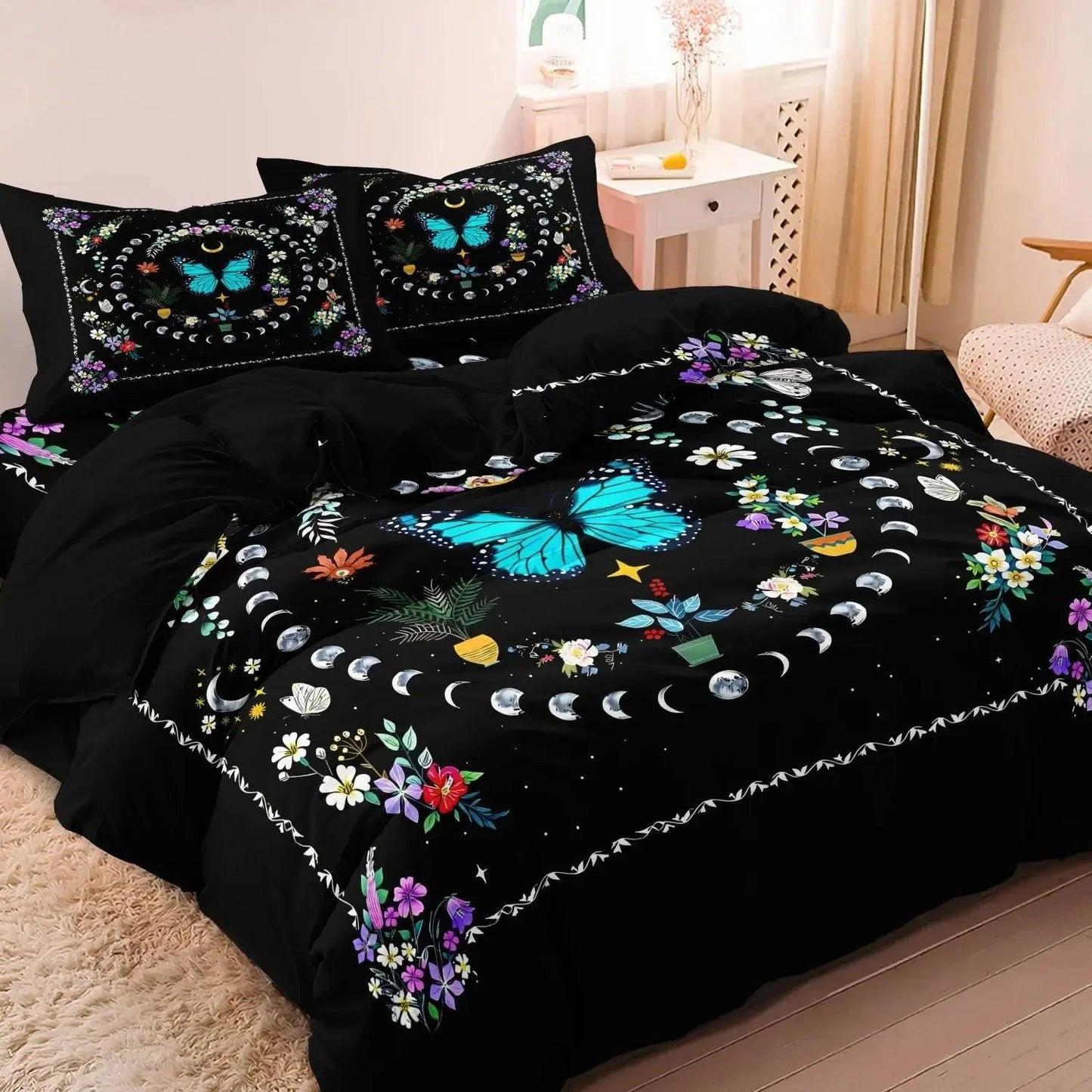 Blue Butterfly Green Plants Bohemian Duvet Cover Set Wiccan Bedding Set Pagan Home Decor-MoonChildWorld