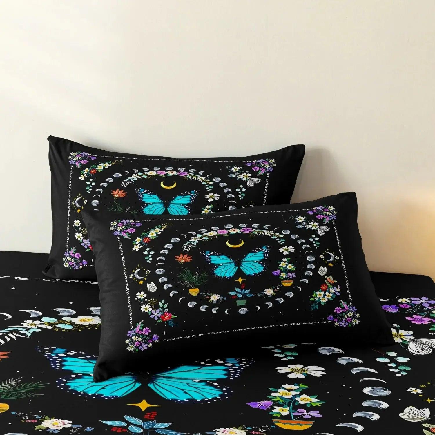 Blue Butterfly Green Plants Bohemian Duvet Cover Set Wiccan Bedding Set Pagan Home Decor-MoonChildWorld