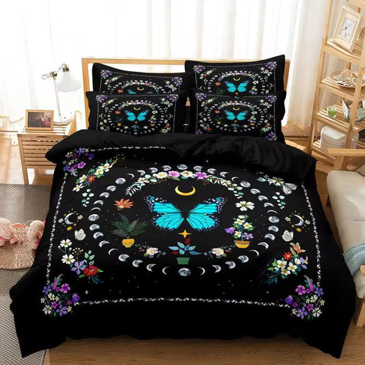 Blue Butterfly Green Plants Bohemian Duvet Cover Set Wiccan Bedding Set Pagan Home Decor-MoonChildWorld