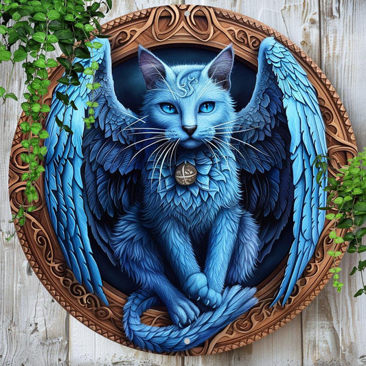Blue Cat Winged Wall Art Gothic Cat Metal Sign for Halloween-MoonChildWorld