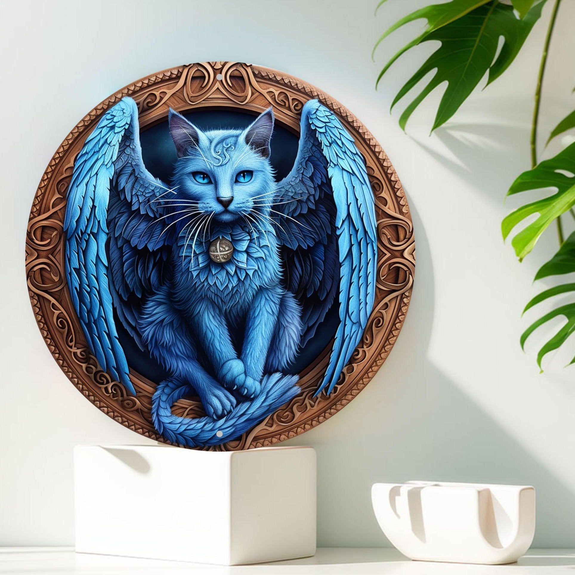 Blue Cat Winged Wall Art Gothic Cat Metal Sign for Halloween-MoonChildWorld