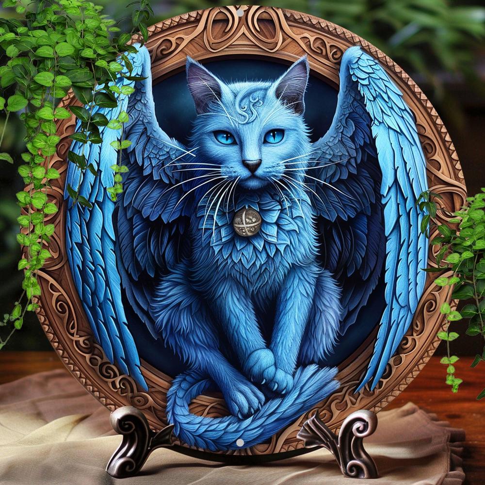 Blue Cat Winged Wall Art Gothic Cat Metal Sign for Halloween-MoonChildWorld