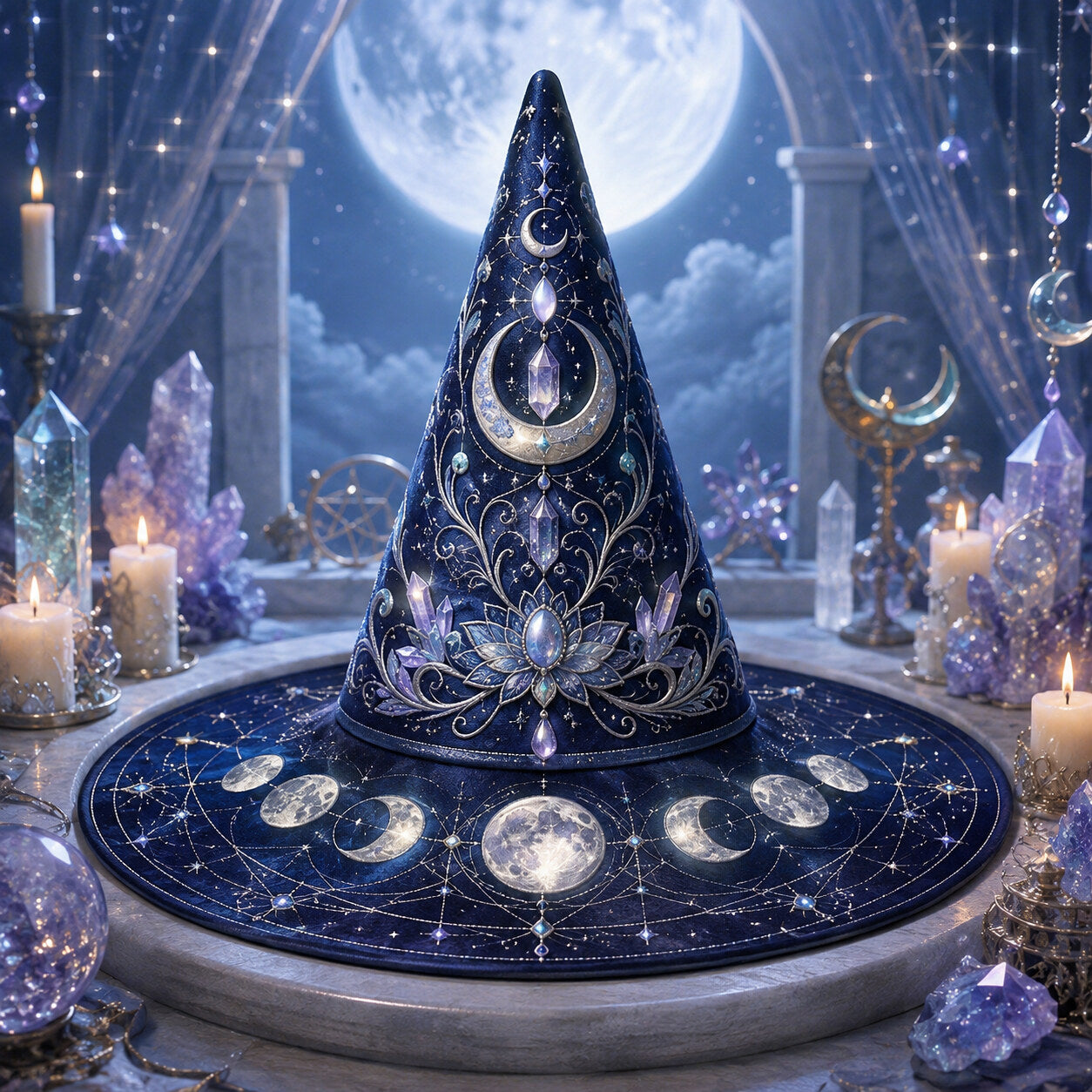 Blue Lotus Witch Hat – Celestial Crystal Moon Phase Brim Hat – on an altar table