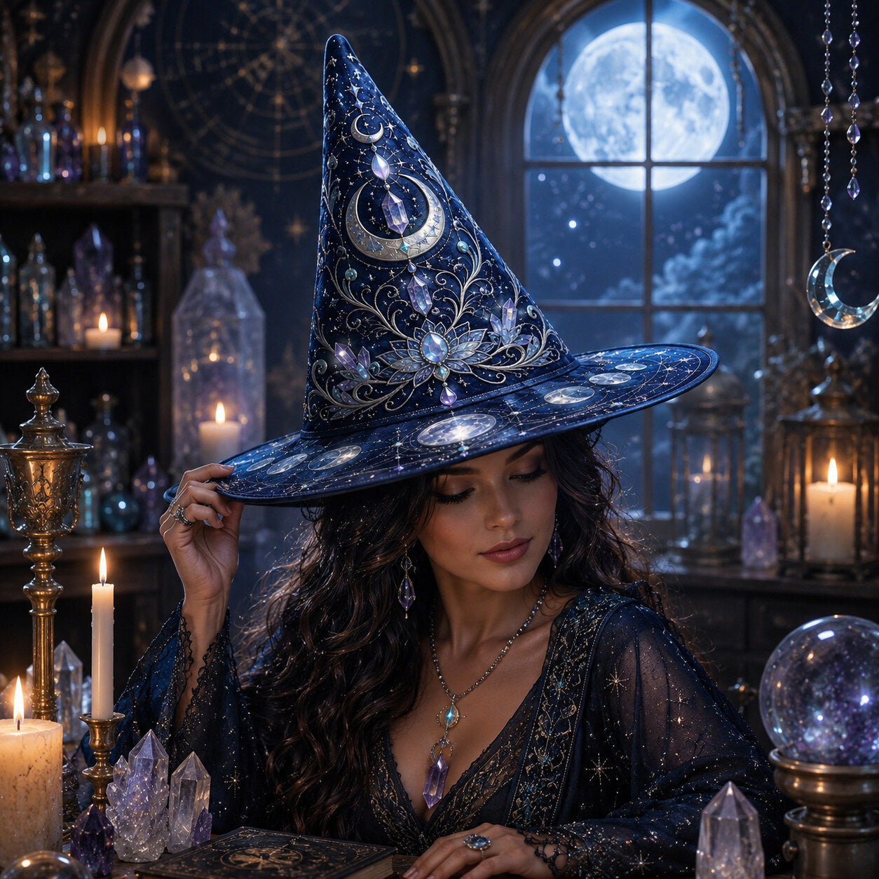 Blue Lotus Witch Hat – Celestial Crystal Moon Phase Brim Hat – styled with candles and crystals