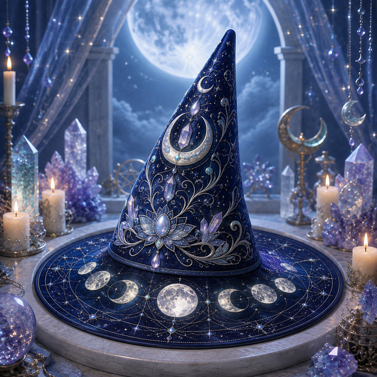 Blue Lotus Witch Hat – Celestial Crystal Moon Phase Brim Hat – worn, front view