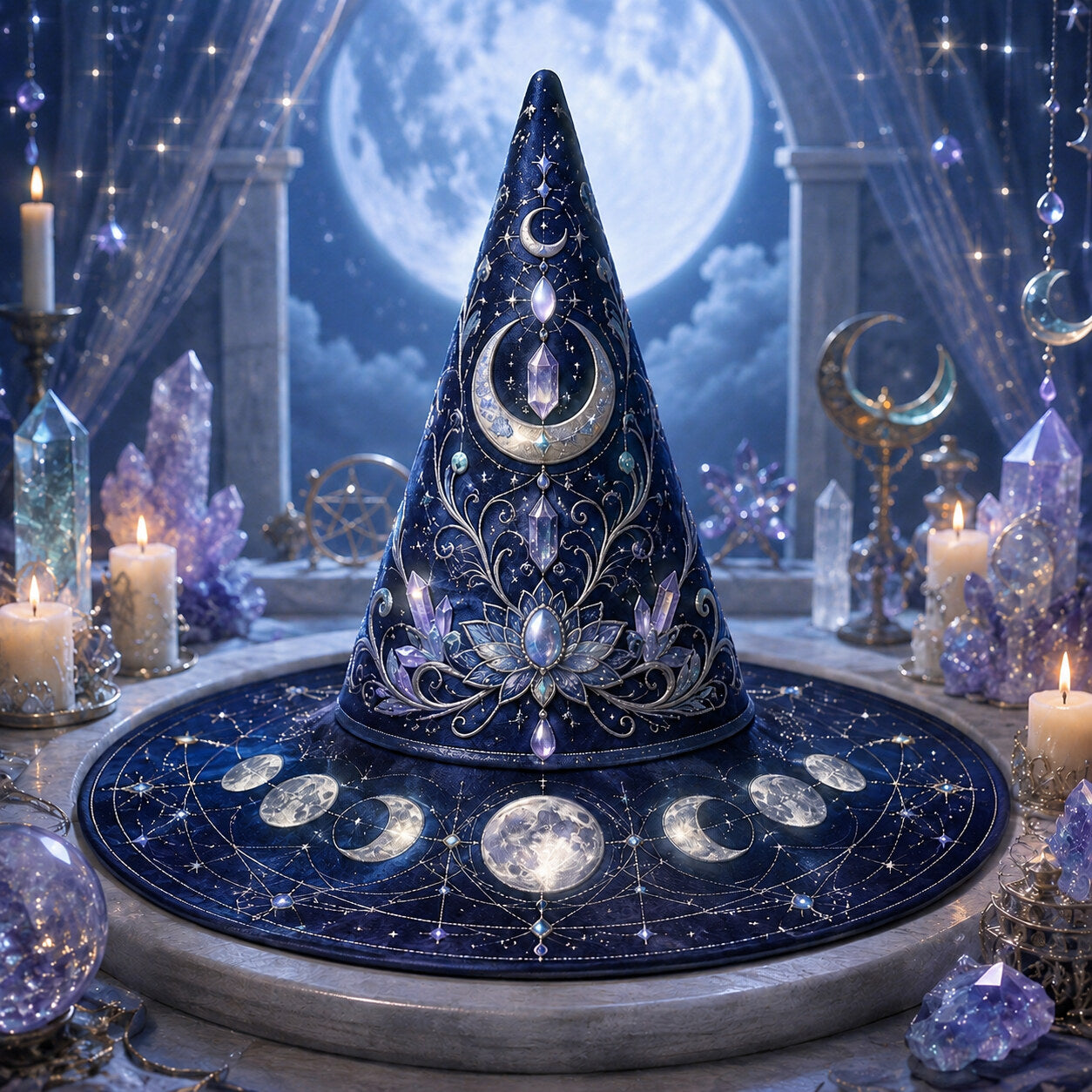 Blue Lotus Witch Hat – Celestial Crystal Moon Phase Brim Hat – quilting and print detail