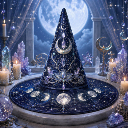 Blue Lotus Witch Hat – Celestial Crystal Moon Phase Brim Hat – quilting and print detail
