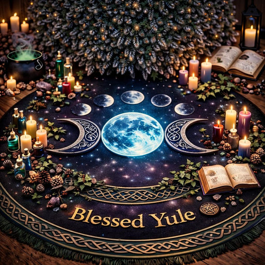 Dark velvet tree skirt with glowing blue moon phases, "Blessed Yule" text, and Celtic knot trim.