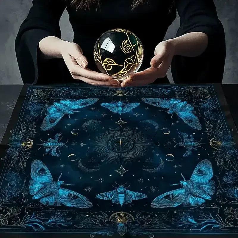 Blue Moth Witchy Altar Cloth - Wicca Tarot Tablecloth for Reading Divination Pagan Home Decor-MoonChildWorld