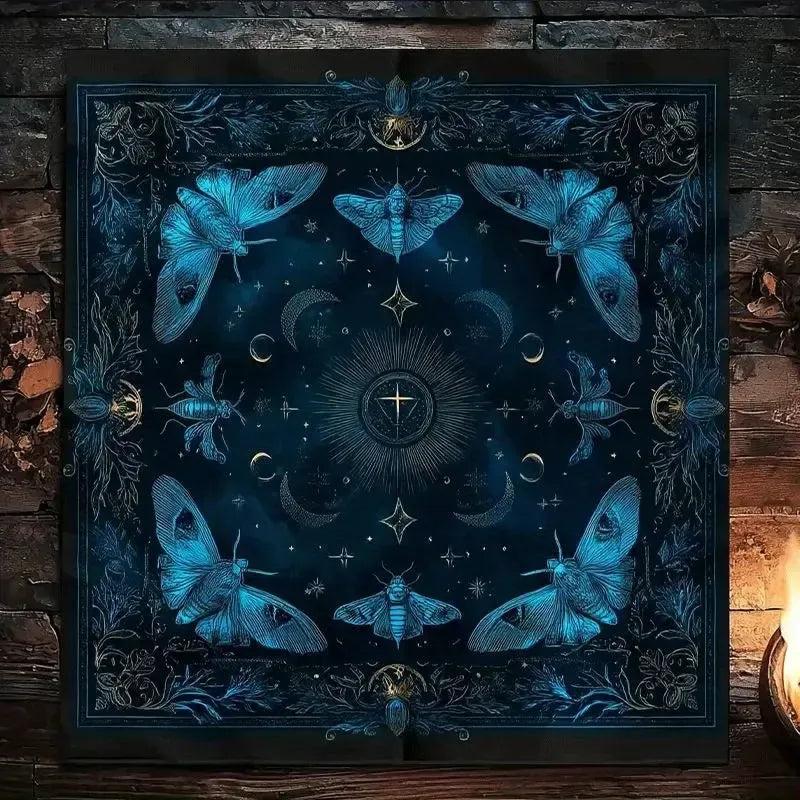 Blue Moth Witchy Altar Cloth - Wicca Tarot Tablecloth for Reading Divination Pagan Home Decor-MoonChildWorld
