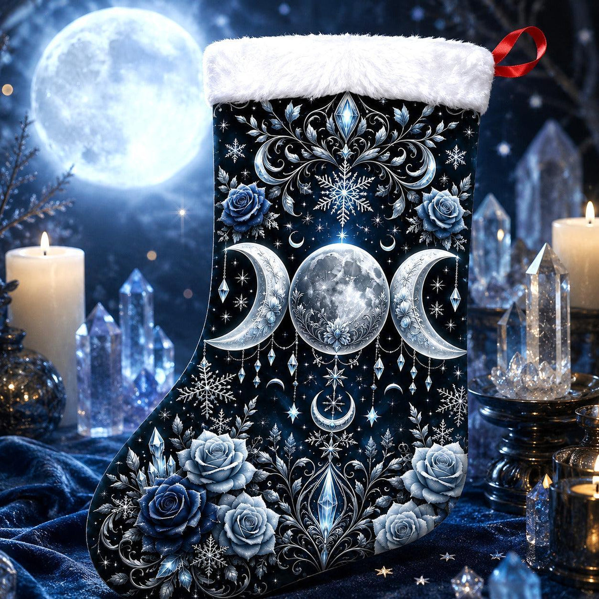 Blue Rose Triple Moon Christmas Stocking Wiccan Goddess Decor, styled shot 2