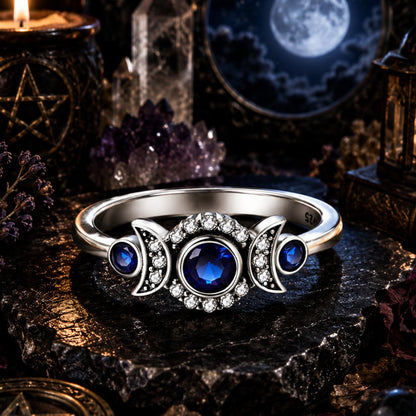 Blue Zircon Triple moon wiccan ring-MoonChildWorld