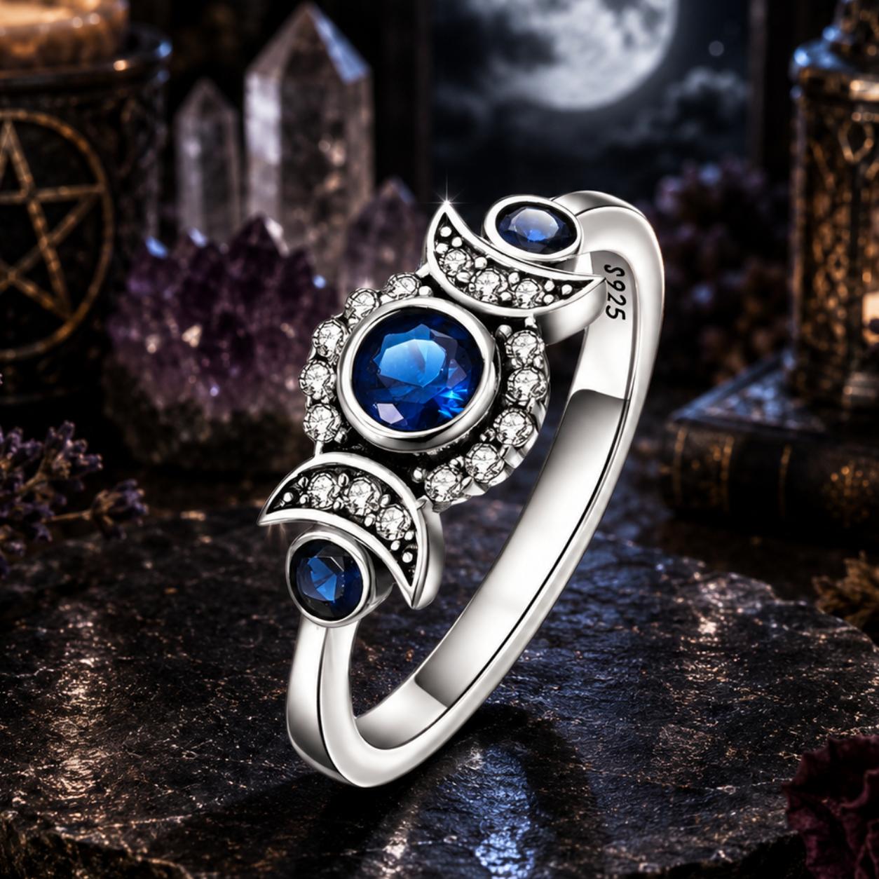 Blue Zircon Triple moon wiccan ring-MoonChildWorld