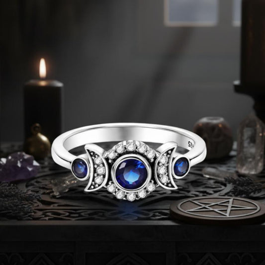 Blue Zircon Triple moon wiccan ring-MoonChildWorld