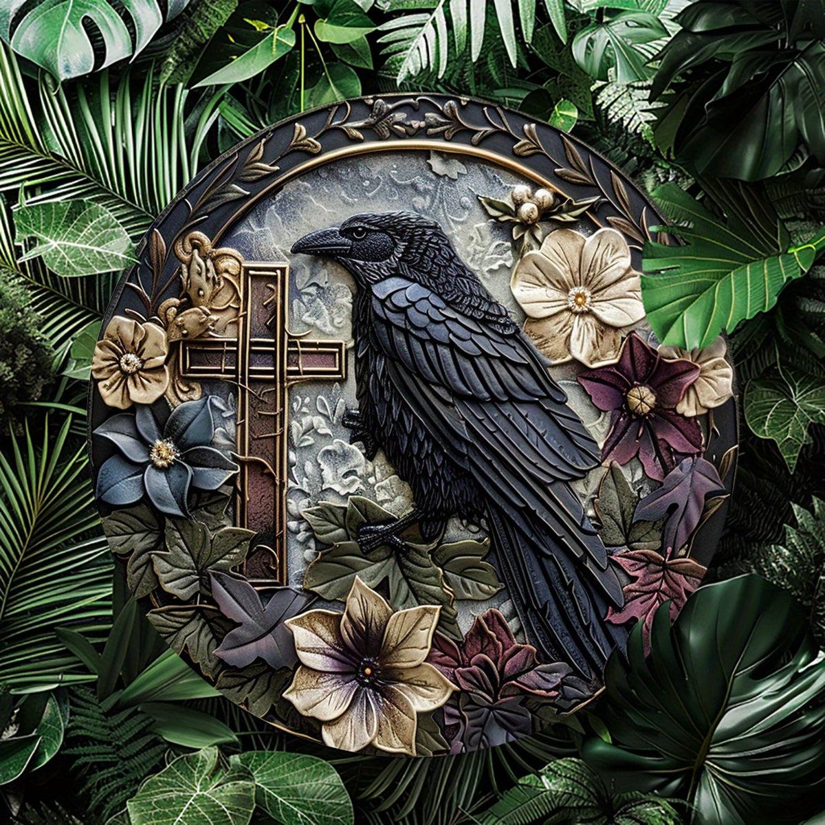 Crow and Cross Metal Sign Witchy Raven Metal Sign Gothic Home Decor-MoonChildWorld