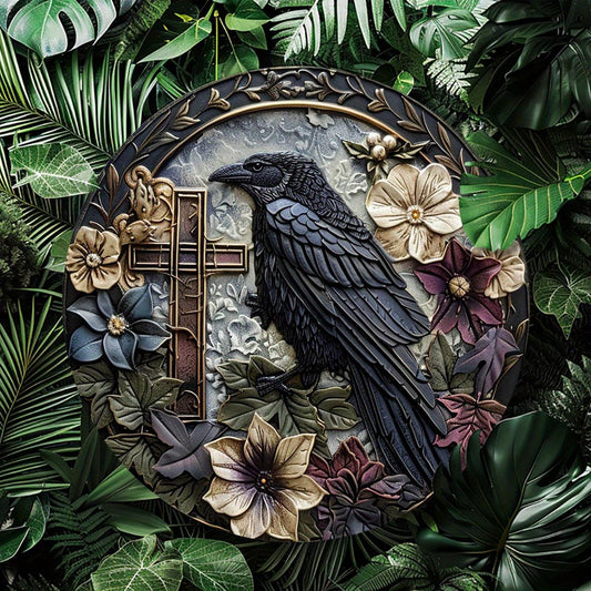 Crow and Cross Metal Sign Witchy Raven Metal Sign Gothic Home Decor-MoonChildWorld