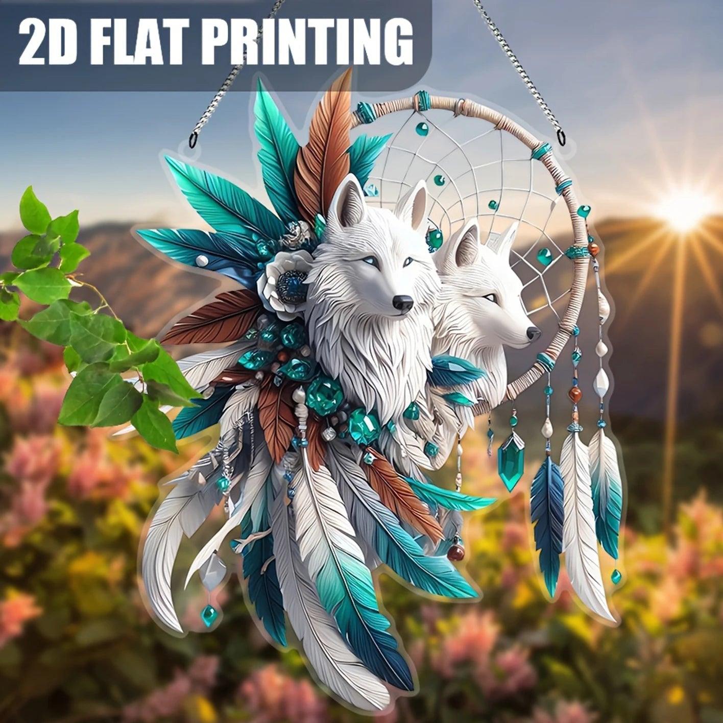 Bohemian Dream Catcher with Wolf and Feather Acrylic Suncatcher - Boho Wolf Window Decor-MoonChildWorld