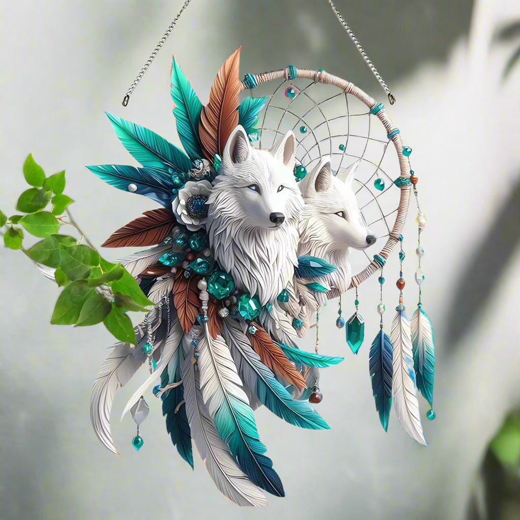 Bohemian Dream Catcher with Wolf and Feather Acrylic Suncatcher - Boho Wolf Window Decor-MoonChildWorld