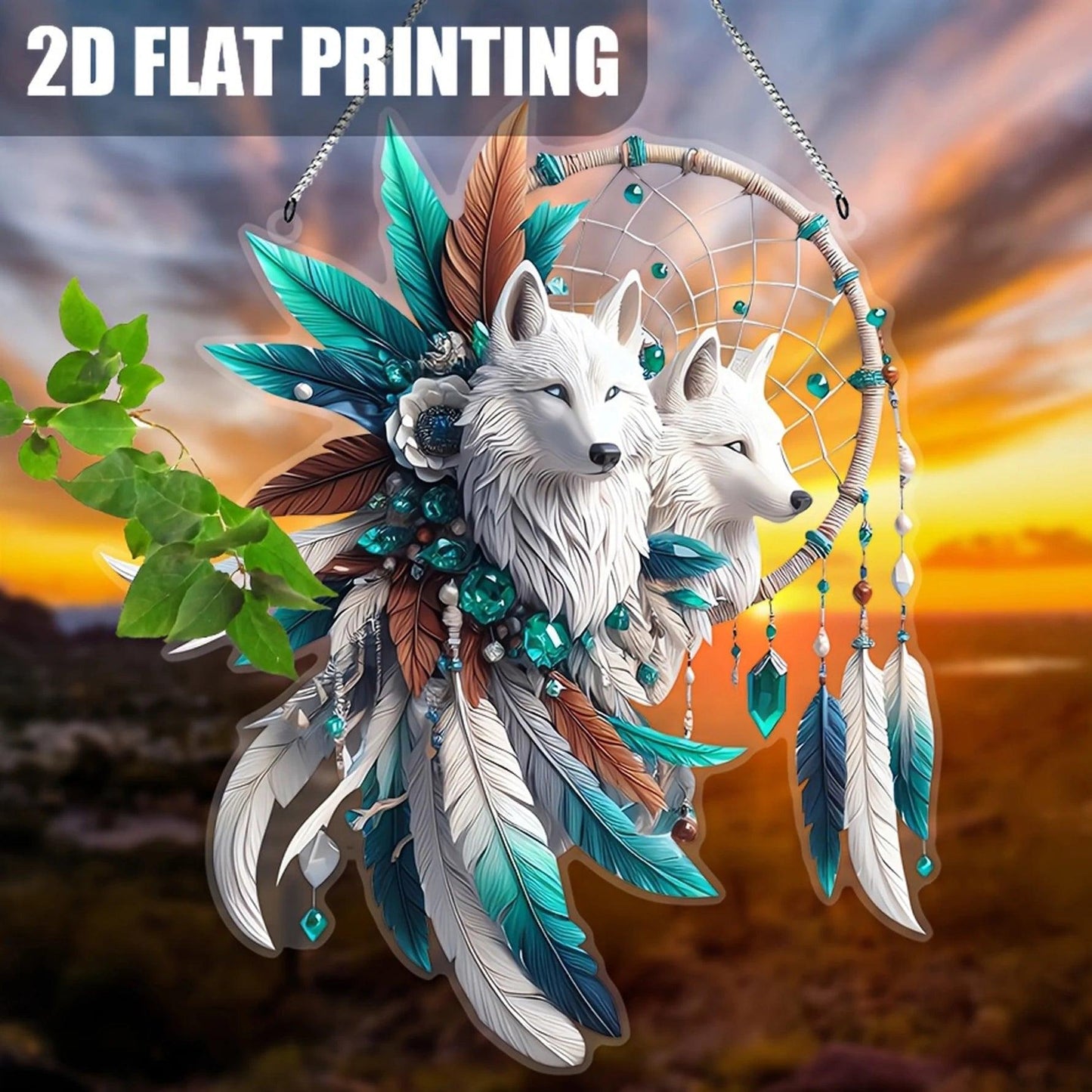 Bohemian Dream Catcher with Wolf and Feather Acrylic Suncatcher - Boho Wolf Window Decor-MoonChildWorld