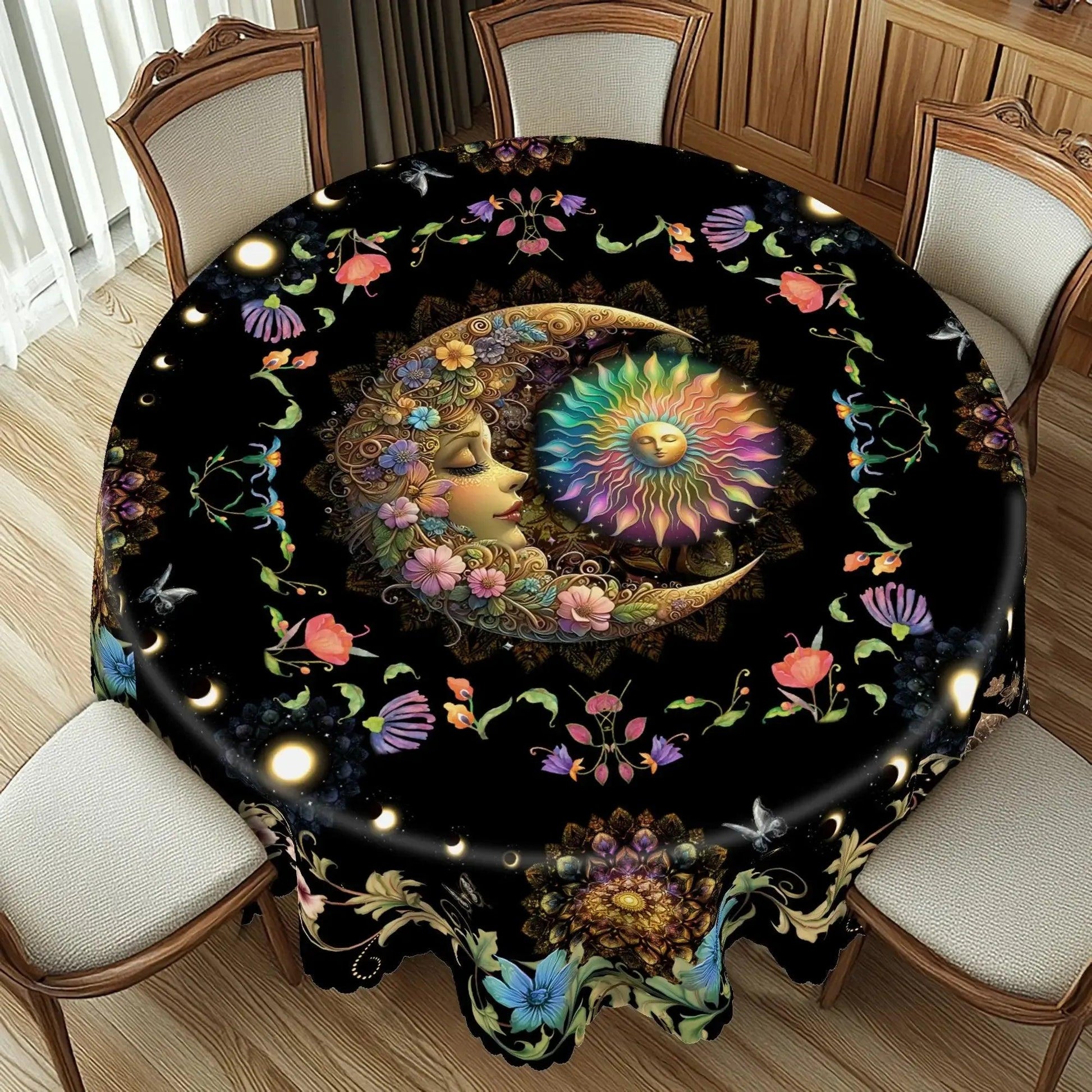 Bohemian Floral Sun and Moon Tablecloth Pagan Home Decor-MoonChildWorld