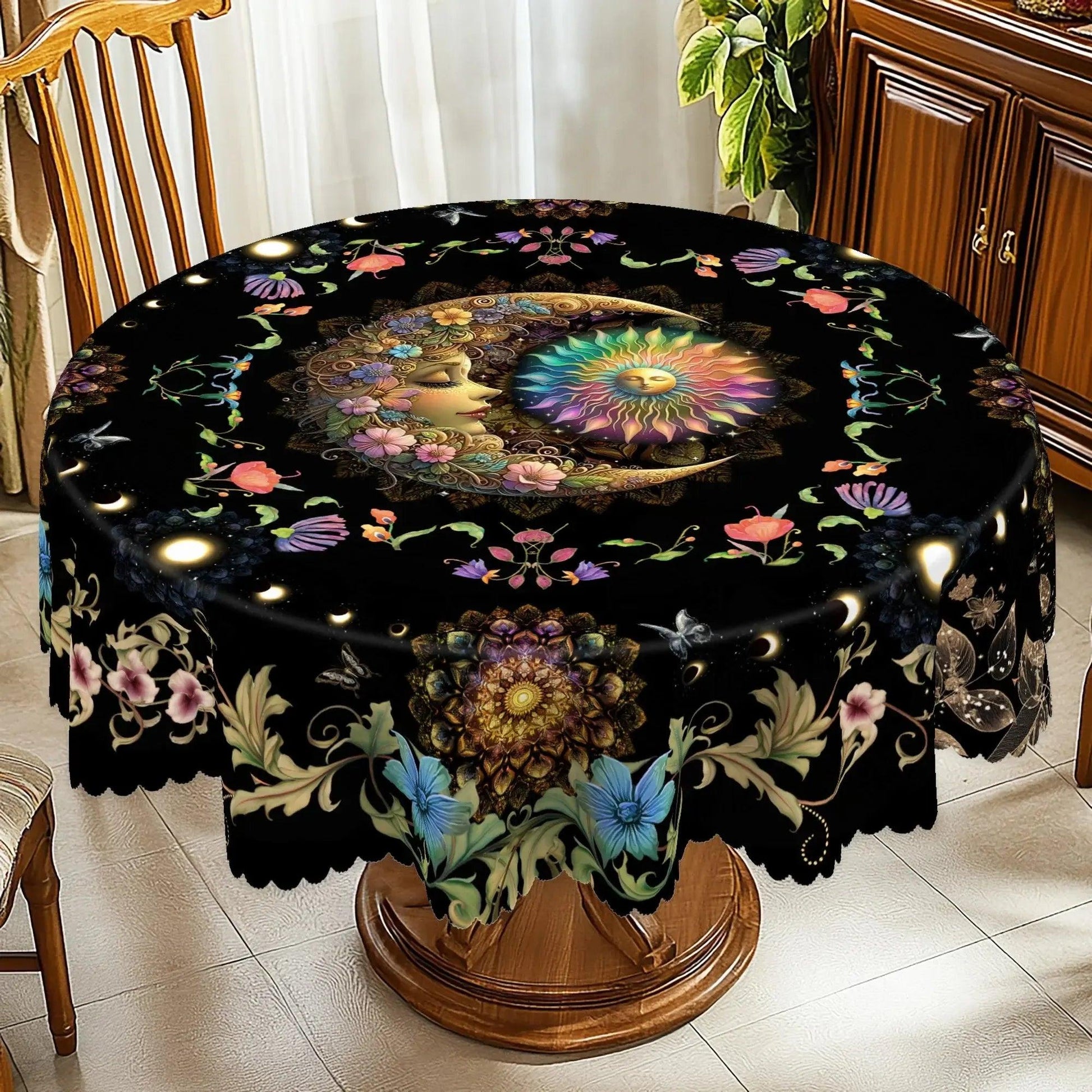 Bohemian Floral Sun and Moon Tablecloth Pagan Home Decor-MoonChildWorld