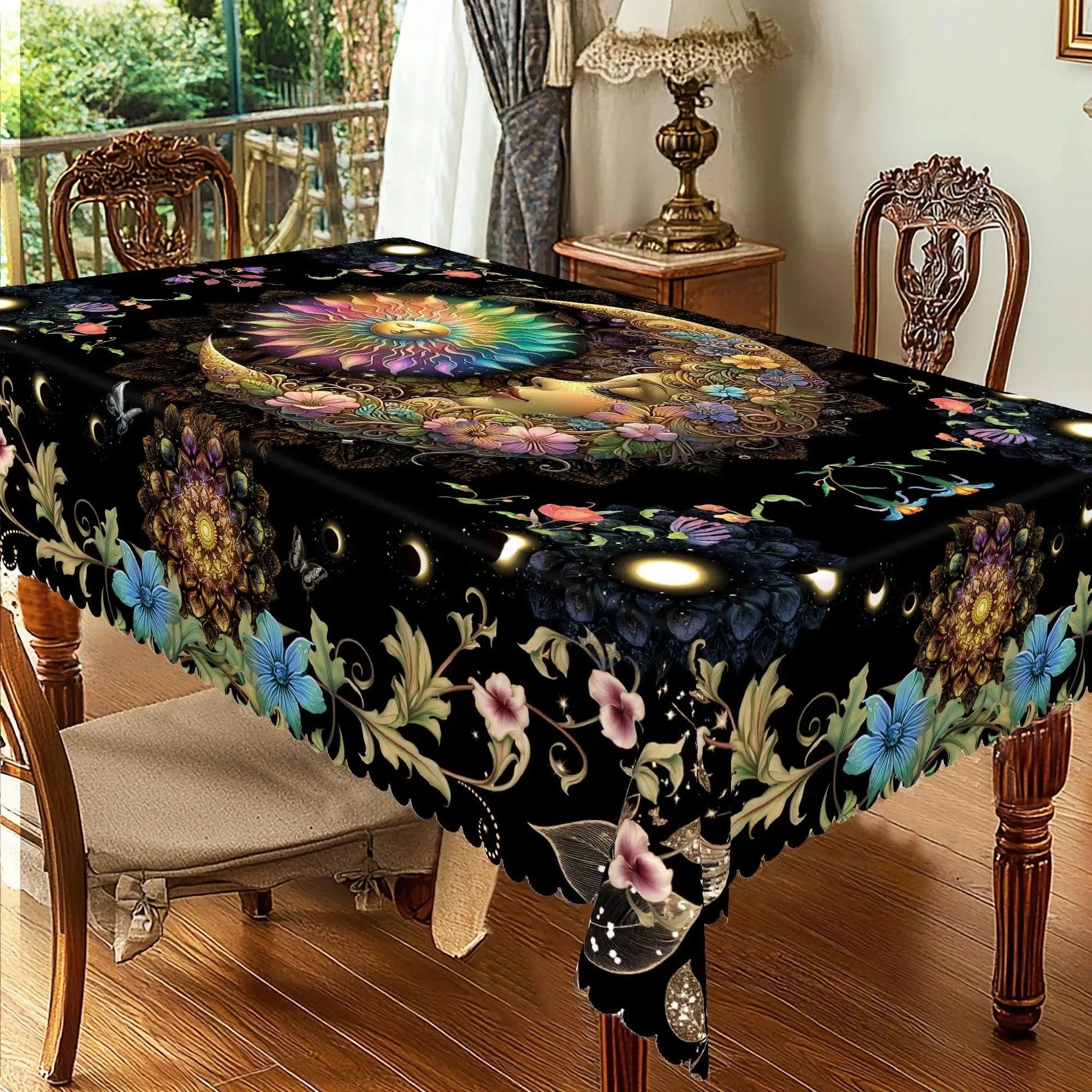 Bohemian Floral Sun and Moon Tablecloth Pagan Home Decor-MoonChildWorld