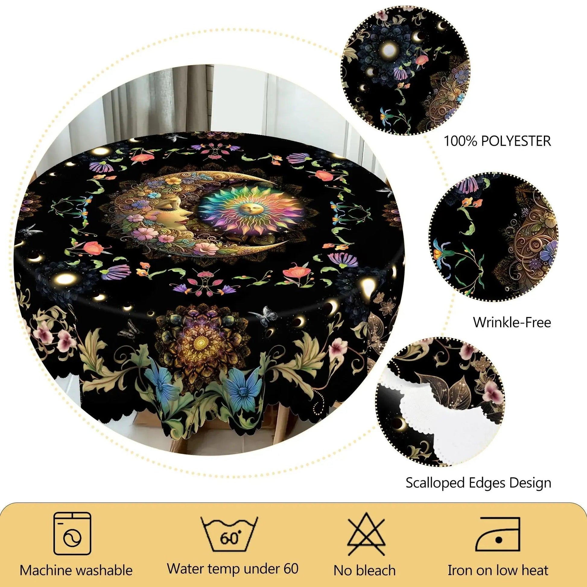 Bohemian Floral Sun and Moon Tablecloth Pagan Home Decor-MoonChildWorld