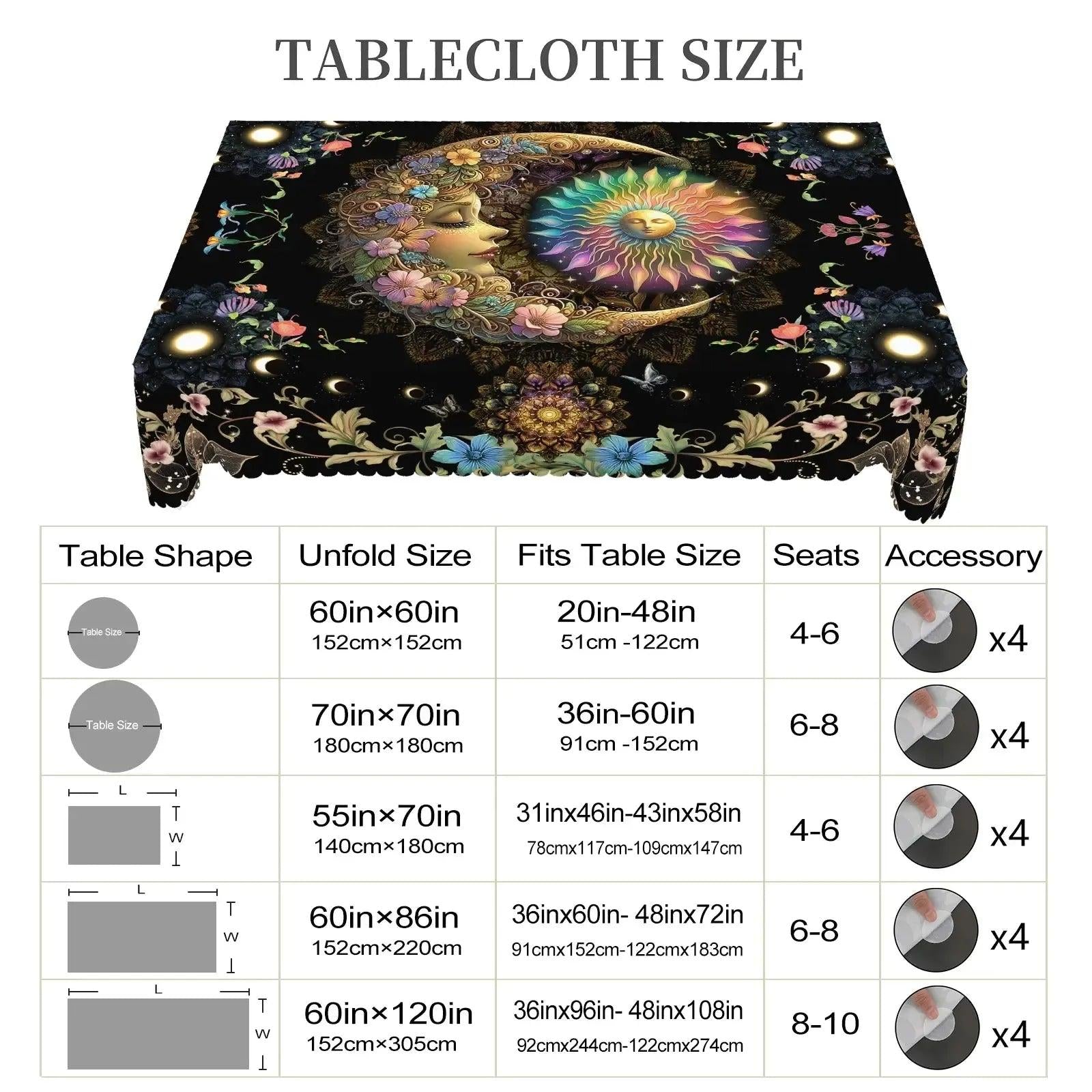 Bohemian Floral Sun and Moon Tablecloth Pagan Home Decor-MoonChildWorld